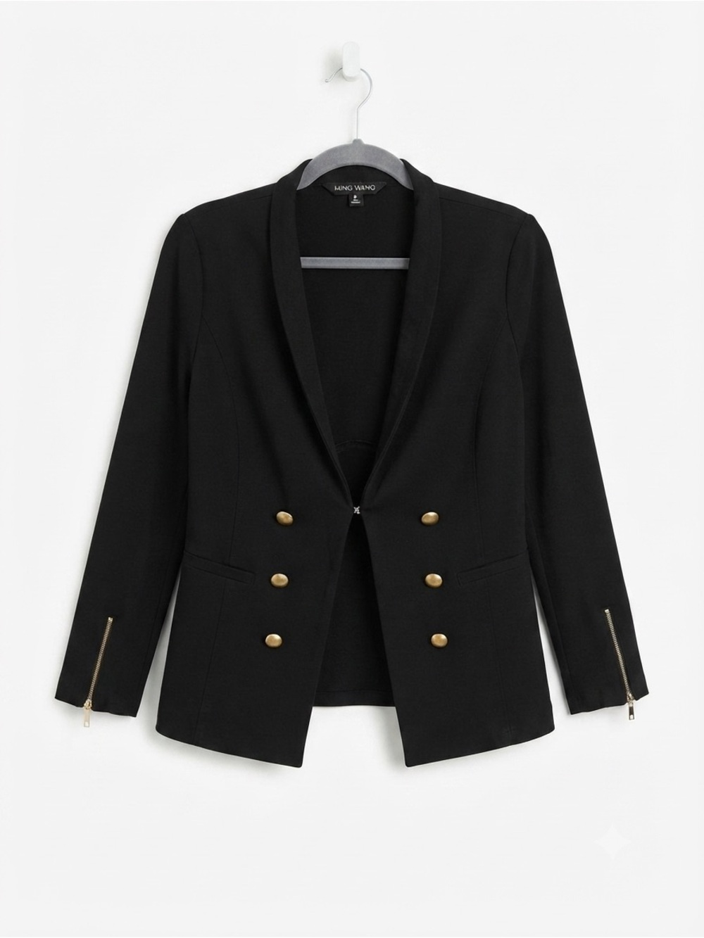 Ming Wang Black Knit Blazer Gold Zipper Cuffs Double Breasted Size Small